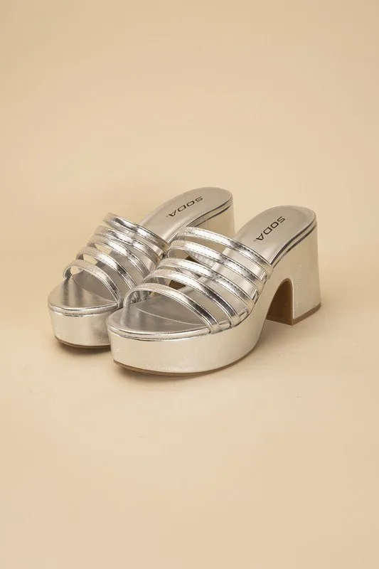 90's Glam Metallic Multi Strap High Heel Platform Mules