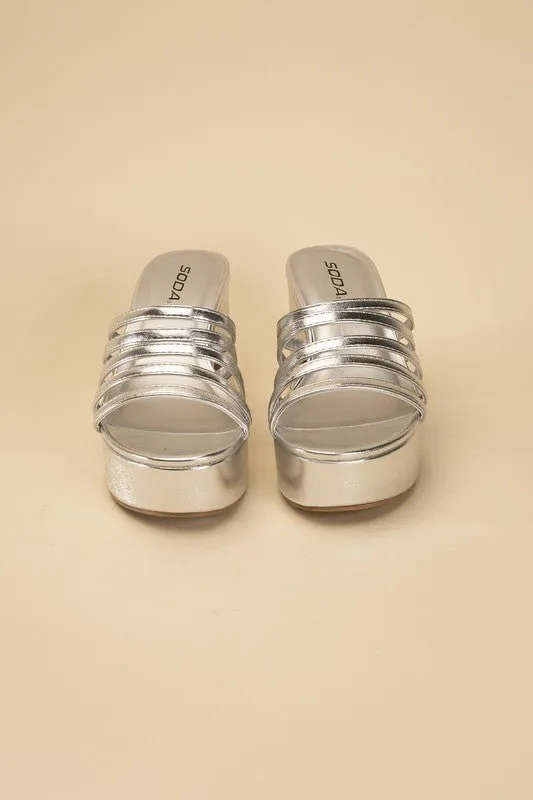 90's Glam Metallic Multi Strap High Heel Platform Mules