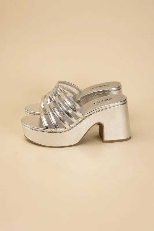 90's Glam Metallic Multi Strap High Heel Platform Mules