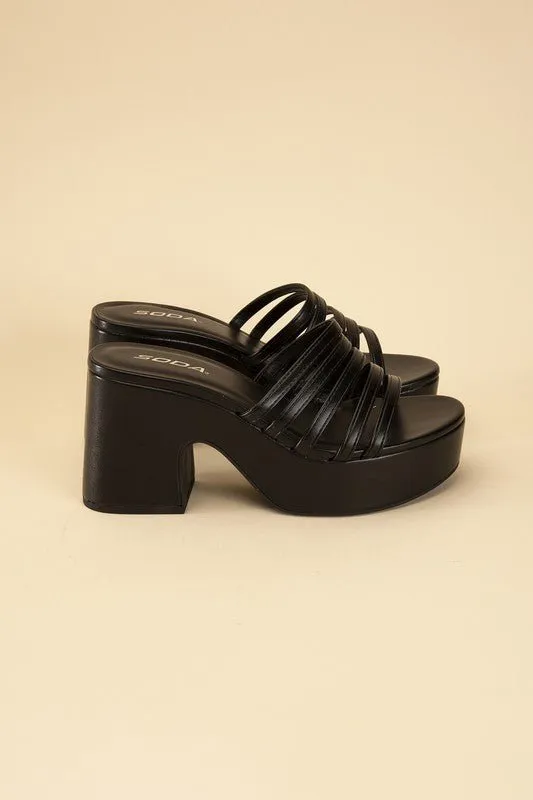 90's Glam Metallic Multi Strap High Heel Platform Mules
