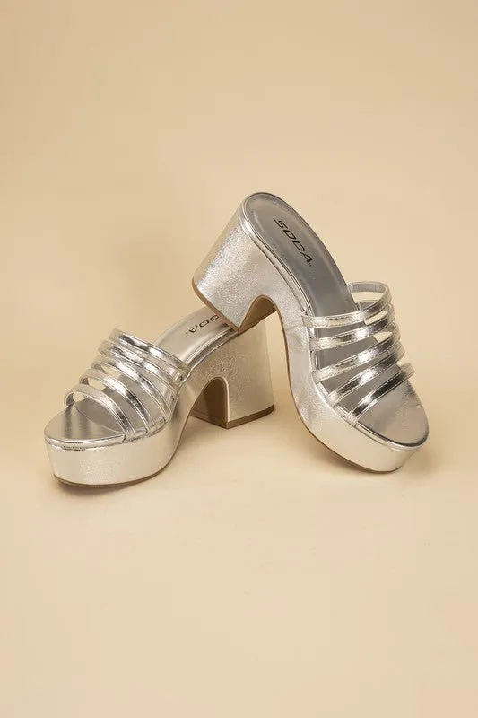 90's Glam Metallic Multi Strap High Heel Platform Mules