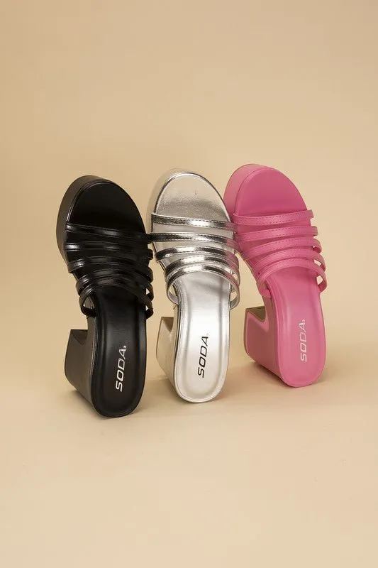 90's Glam Metallic Multi Strap High Heel Platform Mules