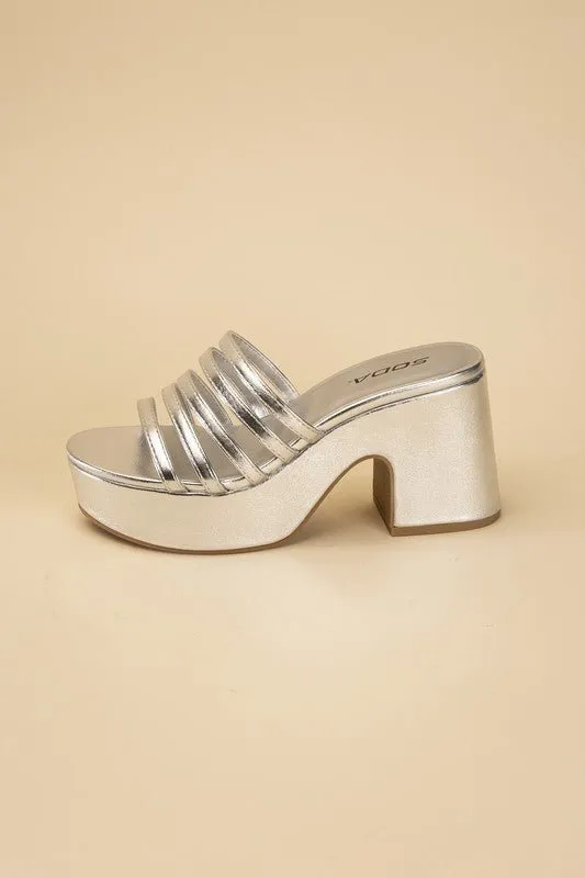 90's Glam Metallic Multi Strap High Heel Platform Mules