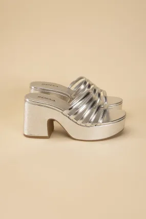 90's Glam Metallic Multi Strap High Heel Platform Mules