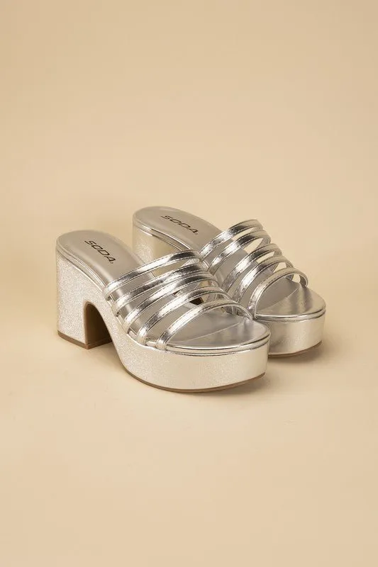 90's Glam Metallic Multi Strap High Heel Platform Mules