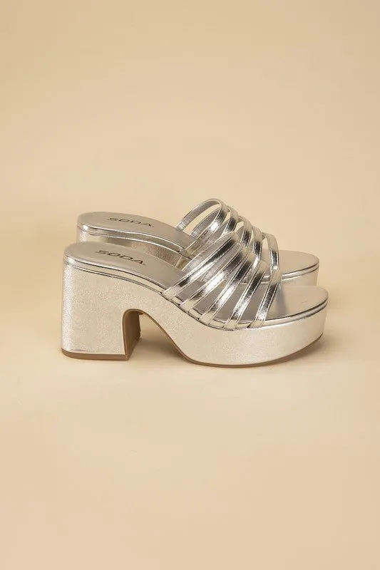 90's Glam Metallic Multi Strap High Heel Platform Mules