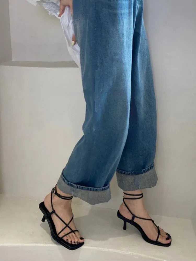 binfenxie  -  Cross Toe Hollow Out Shoes Office Lady Retro Thin Heels Sandals Casual 2024 Summer Beach Fashion Vintage Black Shoes Woman Korea