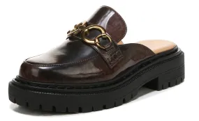 Circus by Sam Edelman Elena Black Gold Chain Slip On Round Toe Lug Sole Mules