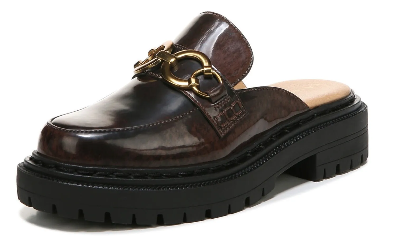Circus by Sam Edelman Elena Black Gold Chain Slip On Round Toe Lug Sole Mules