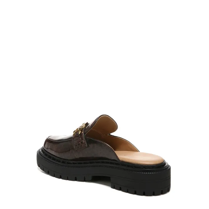 Circus by Sam Edelman Elena Black Gold Chain Slip On Round Toe Lug Sole Mules