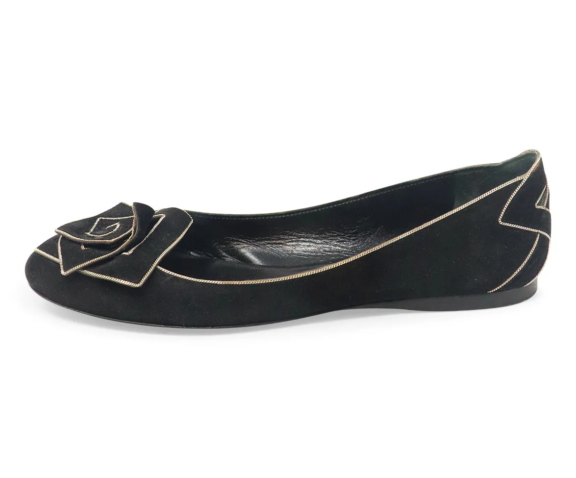 Giorgio Armani Black Suede Flower Flats sz 10.5