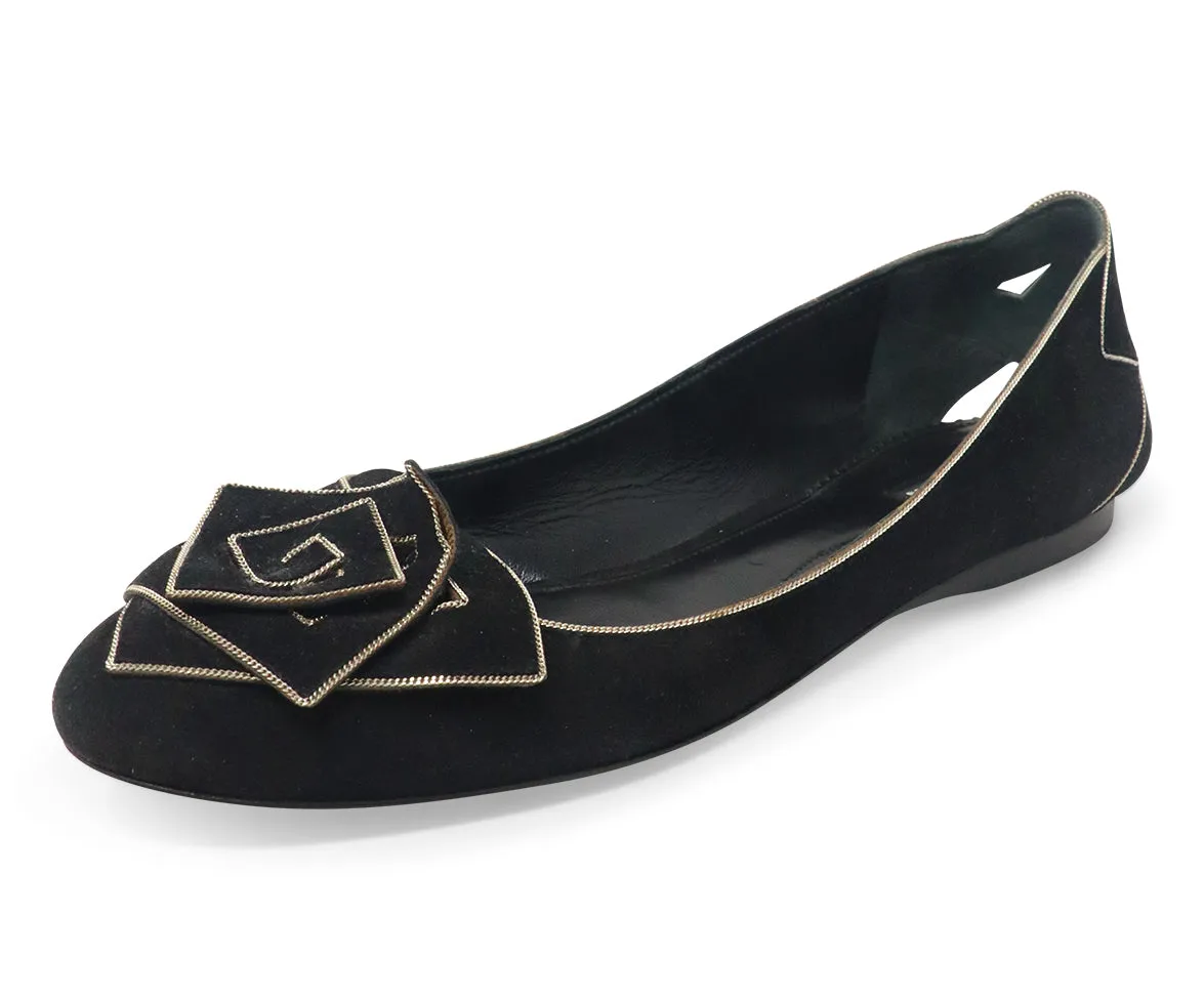 Giorgio Armani Black Suede Flower Flats sz 10.5