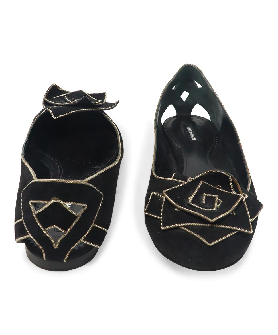 Giorgio Armani Black Suede Flower Flats sz 10.5