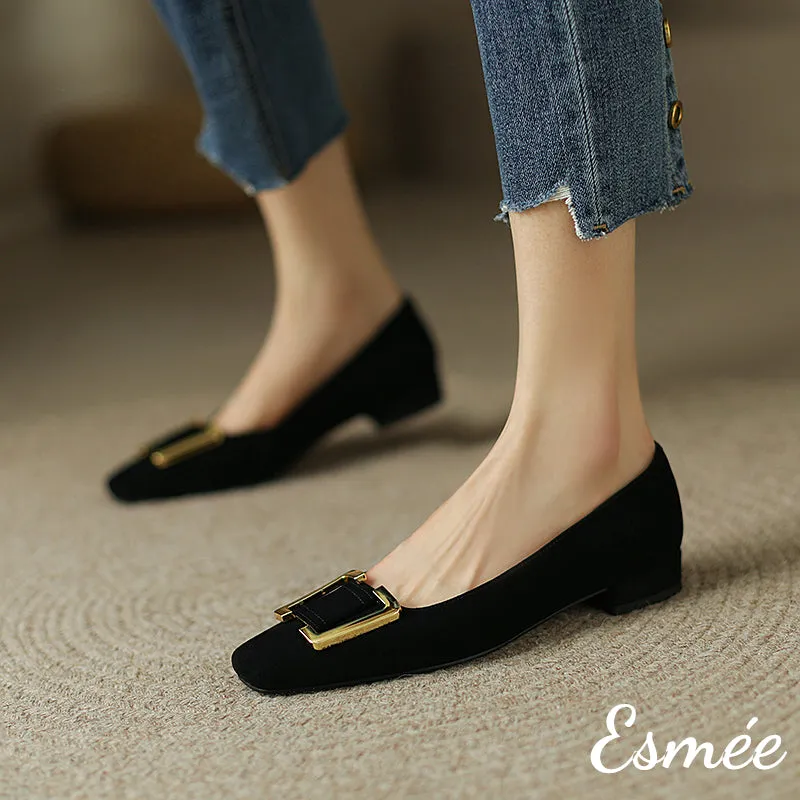 Suede Flats with Metal Buckle