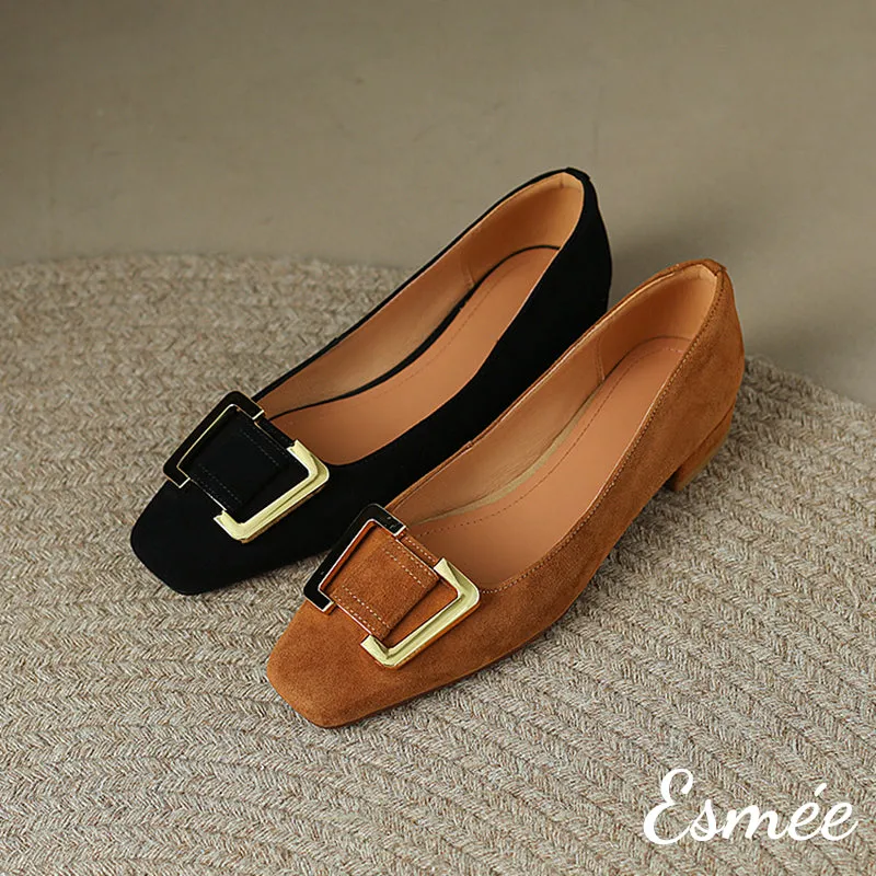 Suede Flats with Metal Buckle