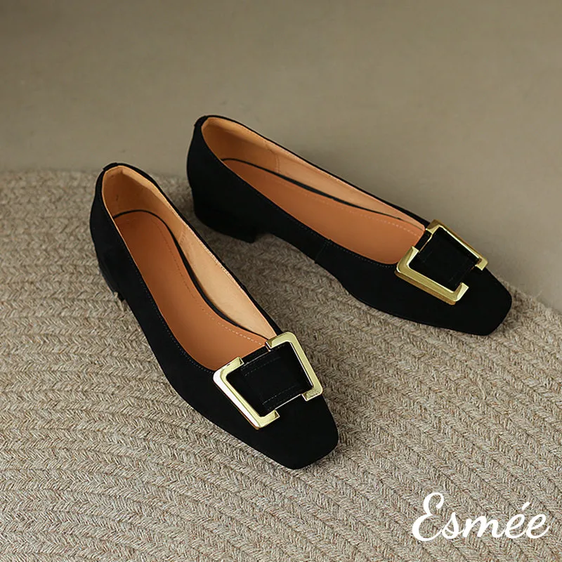 Suede Flats with Metal Buckle