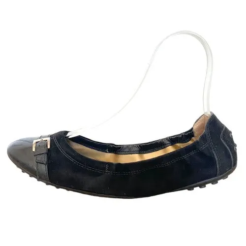 TOD’S Black Suede, Patent Leather Cap Toe, Buckle Detail Ballet Flats, Size 40