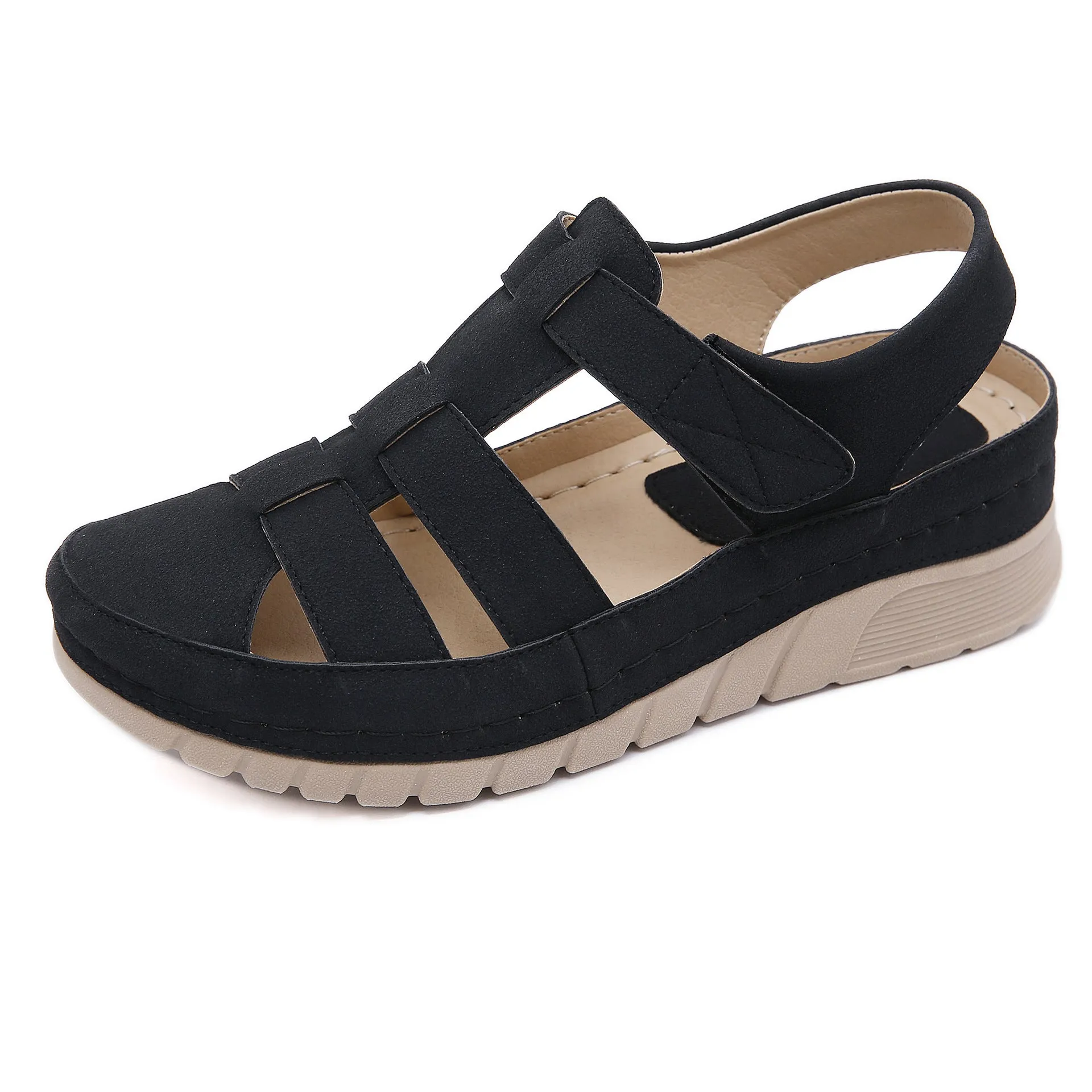 Vanccy - Soft Matte PU Leather Closed Toe Vintage Anti-Slip Sandals