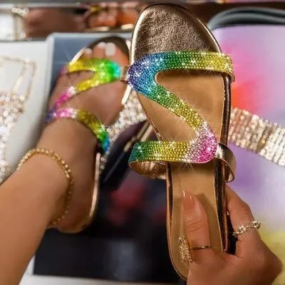 Women rhinestone strap summer beach slide flat sandals