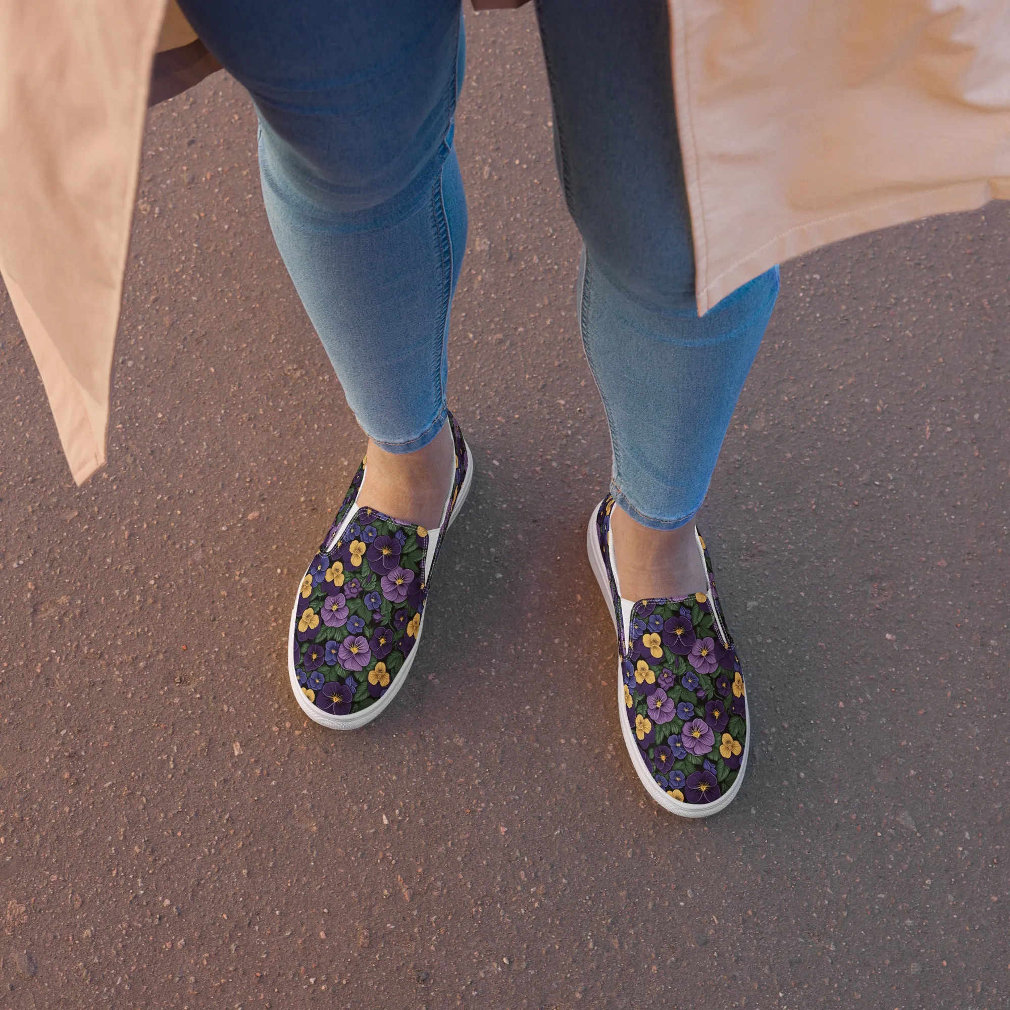 Women’s Purple Pansy Print slip-on canvas shoes, Women's Floral Design Casual Summer Shoes