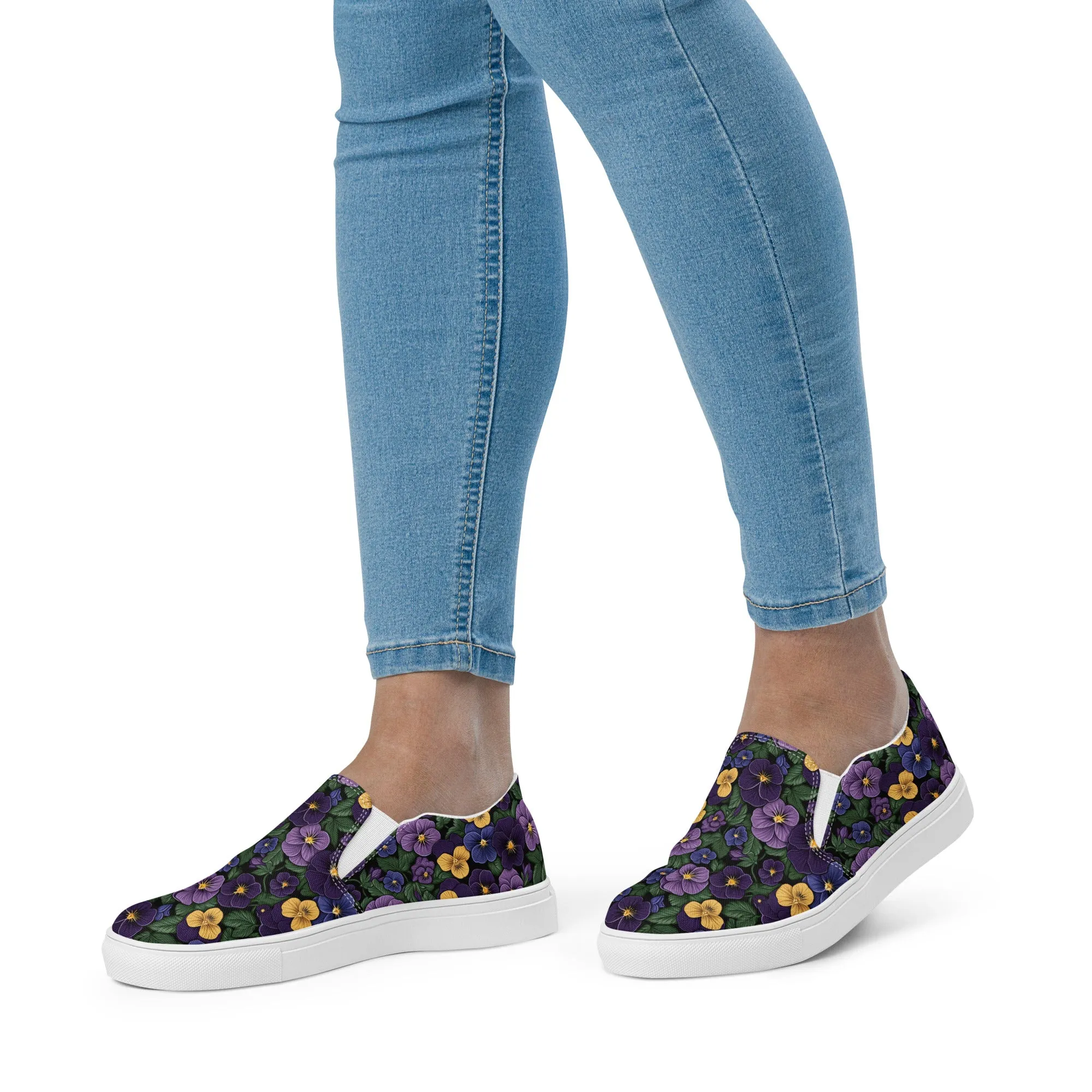 Women’s Purple Pansy Print slip-on canvas shoes, Women's Floral Design Casual Summer Shoes