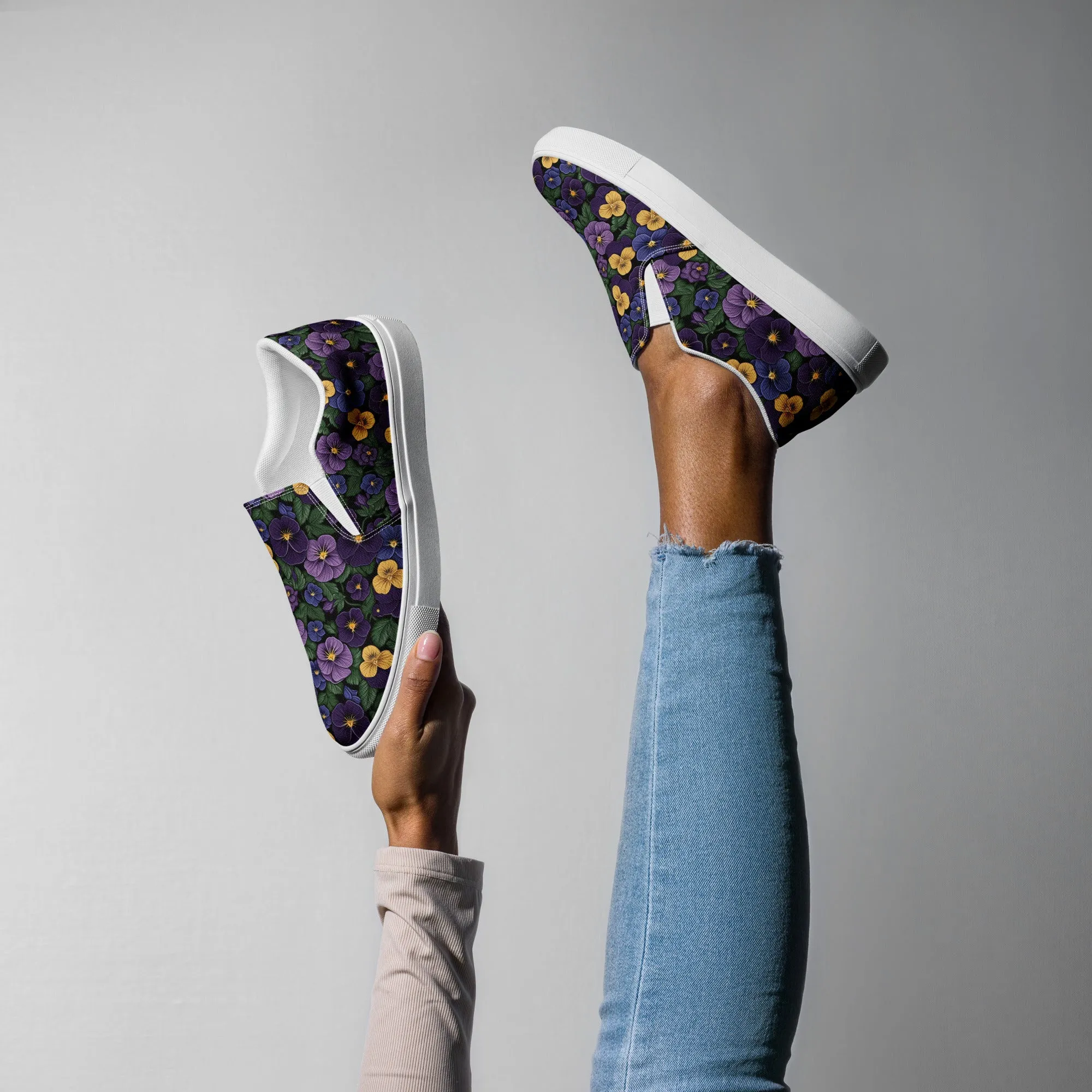 Women’s Purple Pansy Print slip-on canvas shoes, Women's Floral Design Casual Summer Shoes